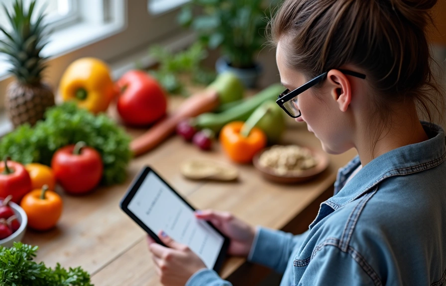 Persona leyendo un libro o tablet con alimentos saludables en el fondo, transmitiendo conocimiento y bienestar.