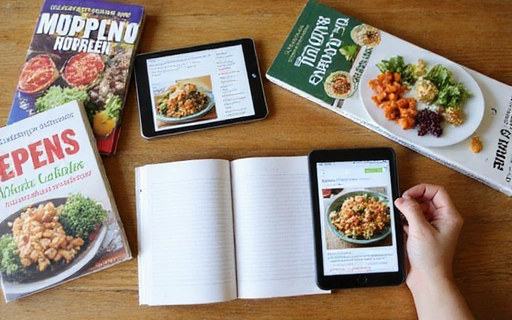 Mesa con libros de nutrición, tabletas con recetas y un cuaderno de planificación, simbolizando recursos de apoyo.