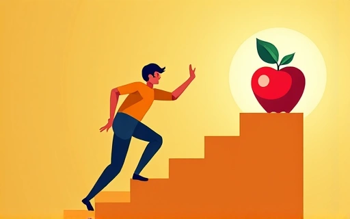 Persona subiendo una escalera hacia una meta con un símbolo de nutrición saludable, representando el logro de objetivos.