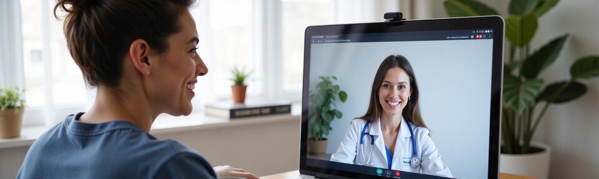 Una persona sonriendo mientras realiza una videollamada con un profesional de la salud, mostrando interacción y comodidad en una consulta online.