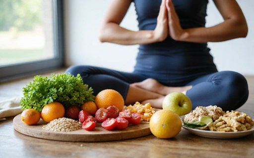 Variedad de alimentos saludables en una mesa junto a una persona haciendo ejercicio, simbolizando un estilo de vida equilibrado.