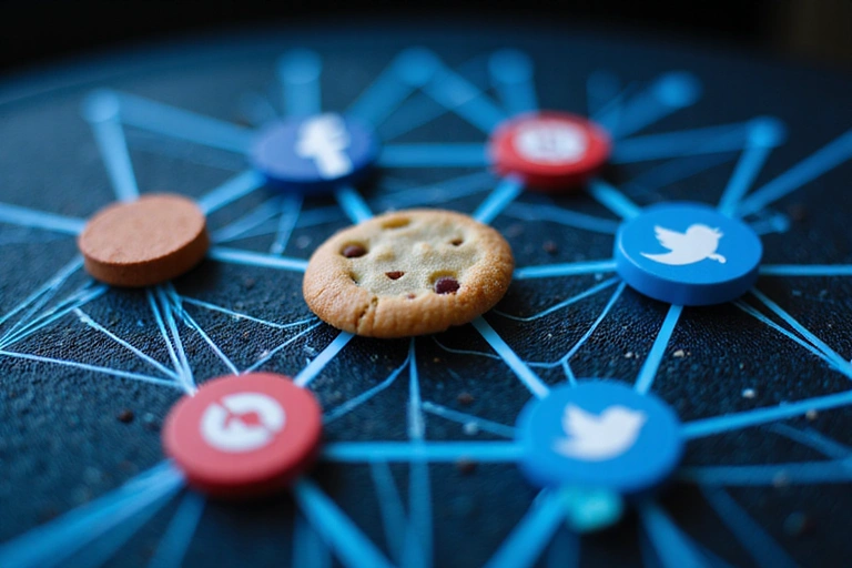 Múltiples logotipos de empresas tecnológicas (Google, Facebook) en un diseño interconectado, simbolizando cookies de terceros.