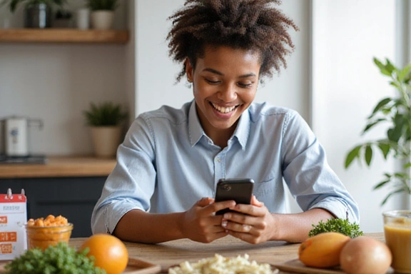 Ilustración de una persona feliz recibiendo una confirmación de reserva en su teléfono.