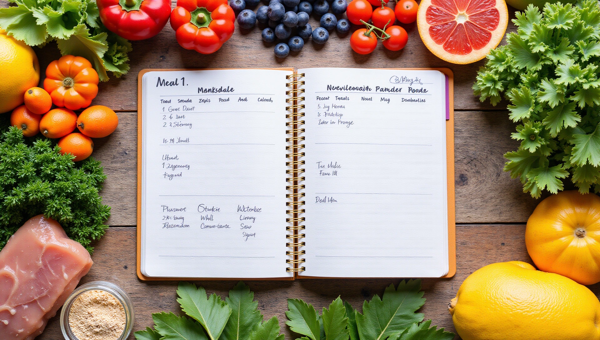 Cuaderno abierto con un plan de comidas y una variedad de ingredientes saludables