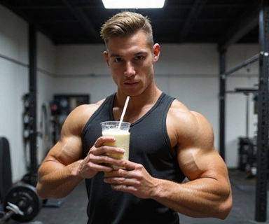 Deportista bebiendo batido de proteínas después de entrenar