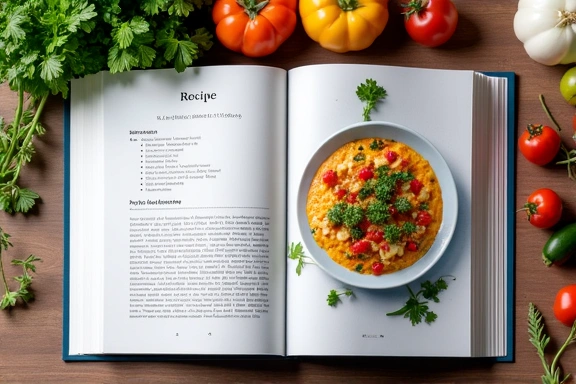 Libro de recetas abierto mostrando una receta saludable y apetitosa