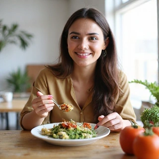 Mujer joven disfrutando de una comida saludable sin preocupaciones