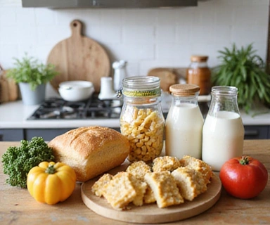 Variedad de alimentos sin gluten y sin lactosa en una mesa