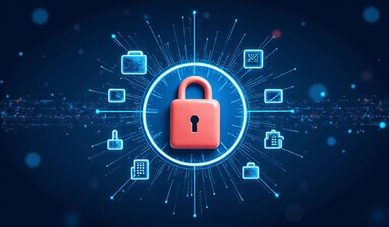 Ilustración de seguridad de datos con un candado digital y escudos protectores