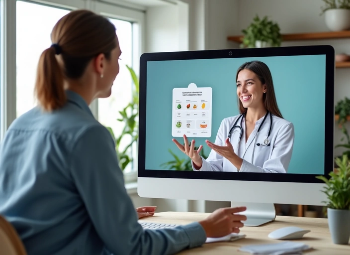 Nutricionista explicando un plan de dieta a un paciente en una videollamada.