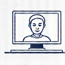 Icono que representa una videollamada o consulta remota, con una persona en una pantalla de ordenador o tablet.