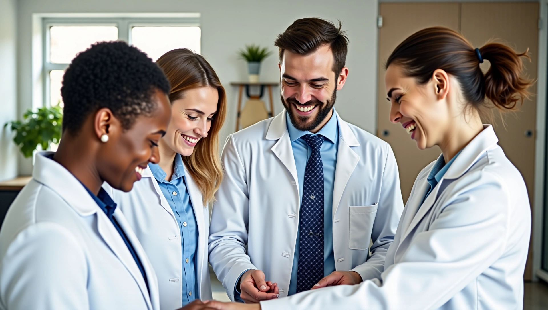 Equipo de nutricionistas de NutriEquilibrio sonriendo y colaborando en una oficina moderna.