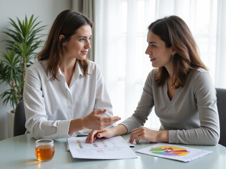 Nutricionista explicando un plan de dieta a un paciente con gráficos.