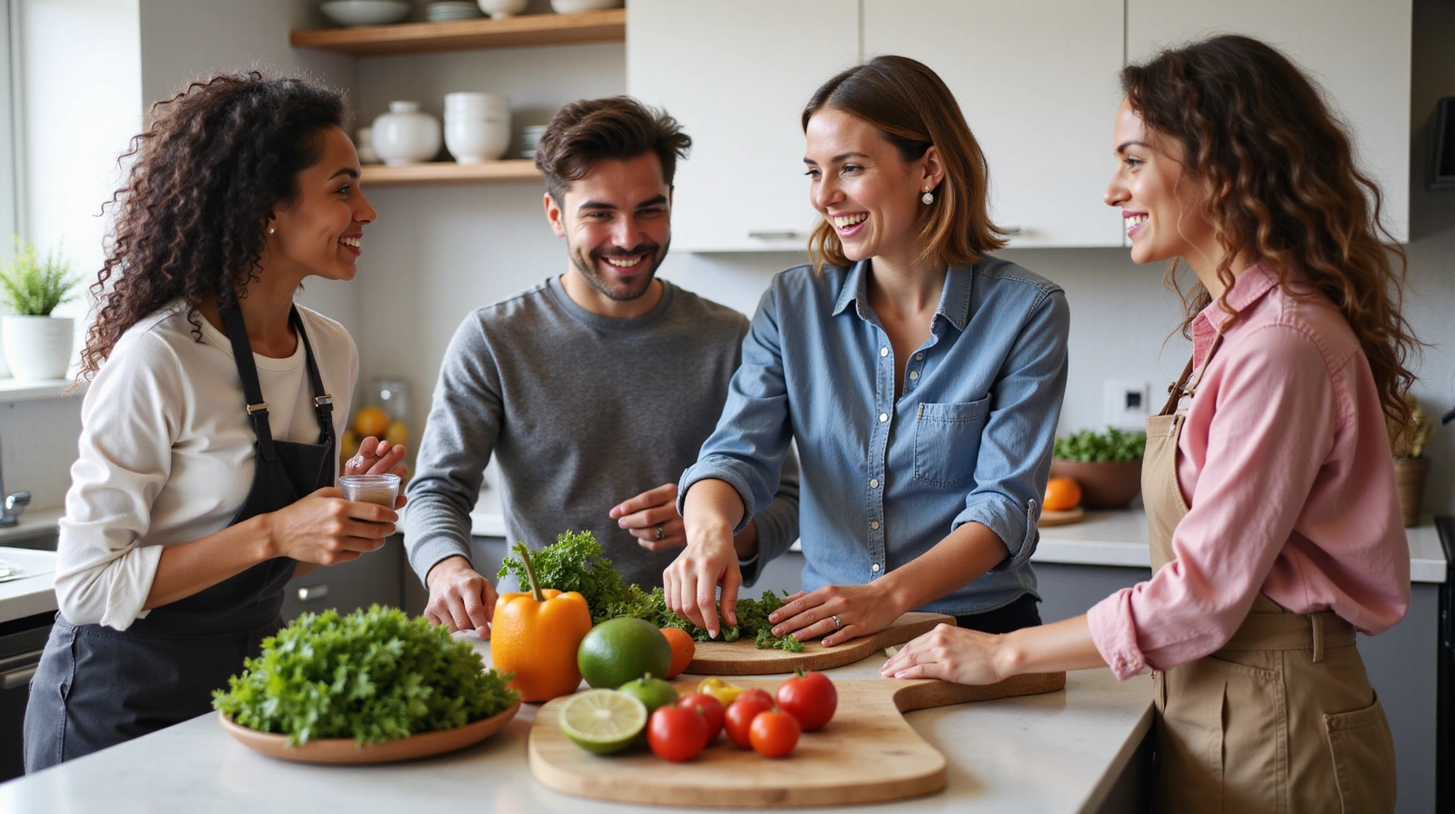 Grupo de personas sonrientes participando en un taller de cocina saludable, con un nutricionista explicando ingredientes frescos. Ambiente luminoso y colaborativo.
