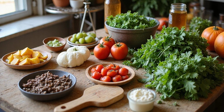 Mesa de cocina llena de ingredientes frescos como verduras, frutas y hierbas, con utensilios de cocina listos para una sesión de cocina saludable.