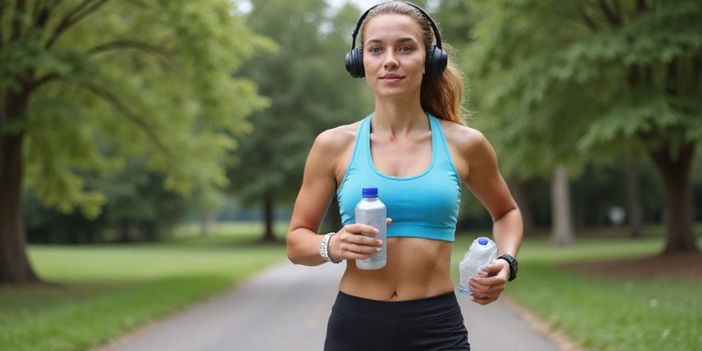 Un atleta amateur corriendo al aire libre, con una botella de agua y auriculares, simbolizando la nutrición para el rendimiento deportivo.