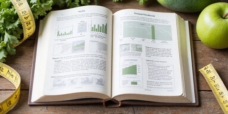 Un libro abierto sobre nutrición con gráficos y texto, junto a una manzana y una cinta métrica, simbolizando los fundamentos de una dieta equilibrada.