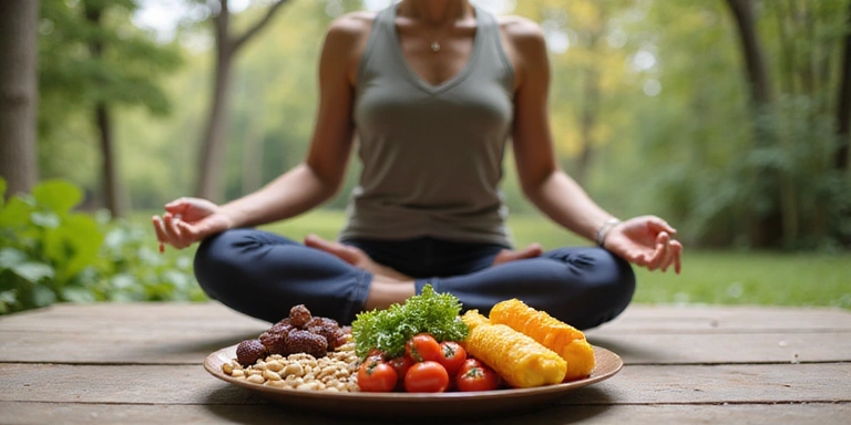 Una persona meditando tranquilamente con un plato de alimentos saludables al frente, simbolizando la conexión entre la alimentación y el bienestar mental.