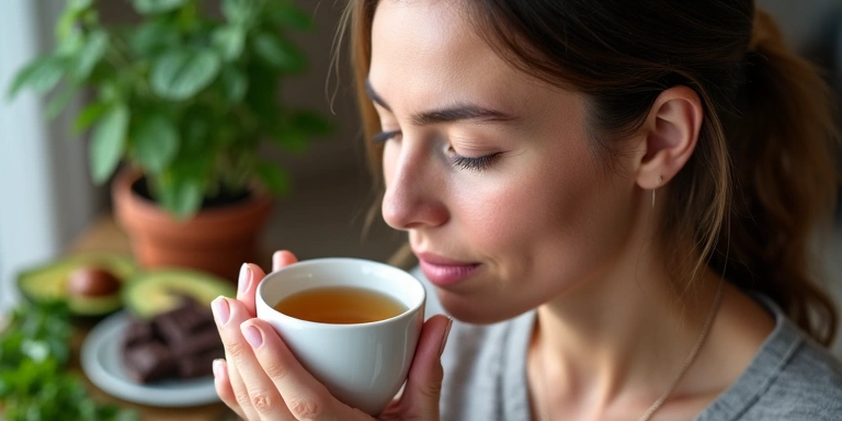 Una persona relajada bebiendo té de hierbas con un fondo suave de alimentos saludables y plantas, ilustrando el manejo del estrés a través de la alimentación.